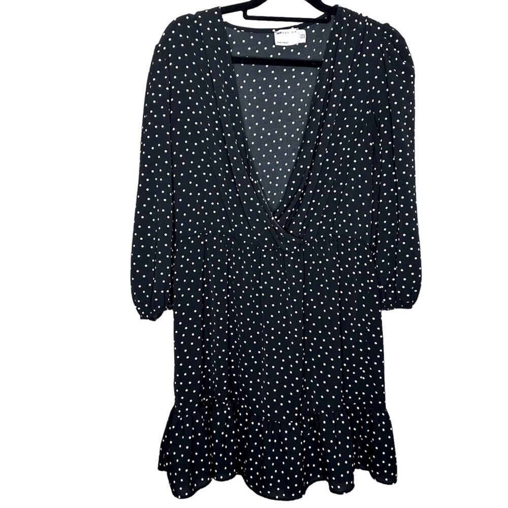 ASOS Design Polka Dot Mini Dress Size 12 Black White Surplice V-neck 3/4 Sleeve